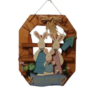 Rustic Welcome Sign with Bunny Family